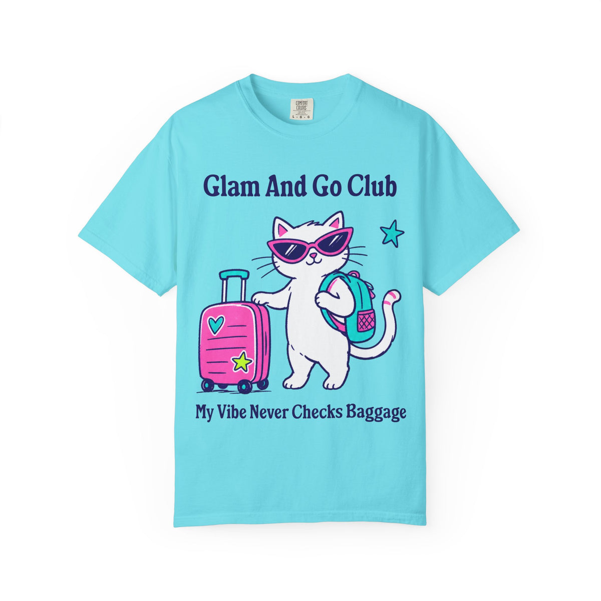 Comfort Colors® My Vibe Never Checks Baggage Shirt | Cute Travel Kitty Tee, Luggage Illustration | Glam And Go Club Cat T-shirt