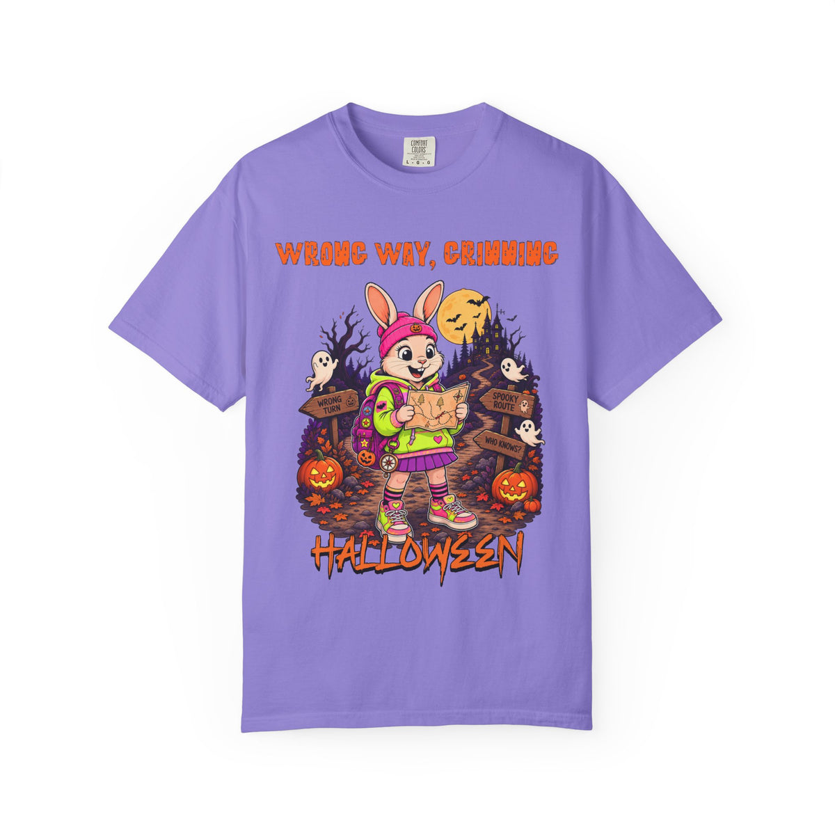 Wrong Way Crimming Halloween Bunny T-shirt | Cartoon Trick-or-Treat Scene