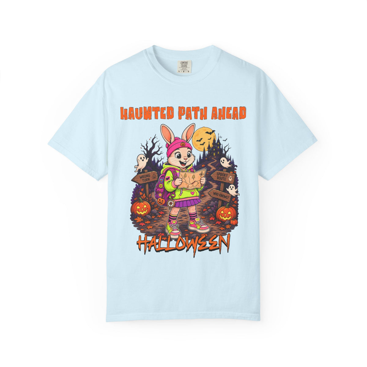 Haunted Path Ahead Halloween Bunny T-shirt | Spooky Pumpkin Night