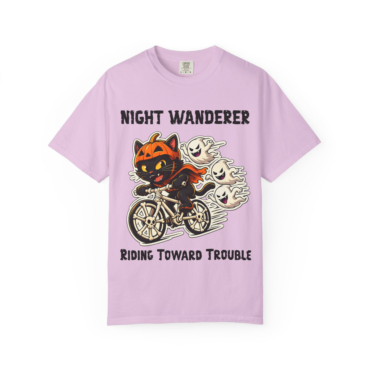 Comfort Color Riding Toward Trouble Halloween T-Shirt | Cat on Bike Shirt | Halloween Pumpkin Ghosts t-shirt | Night Wanderer Club