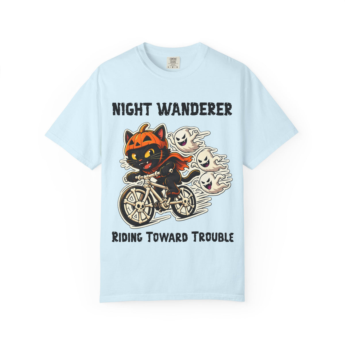 Comfort Color Riding Toward Trouble Halloween T-Shirt | Cat on Bike Shirt | Halloween Pumpkin Ghosts t-shirt | Night Wanderer Club