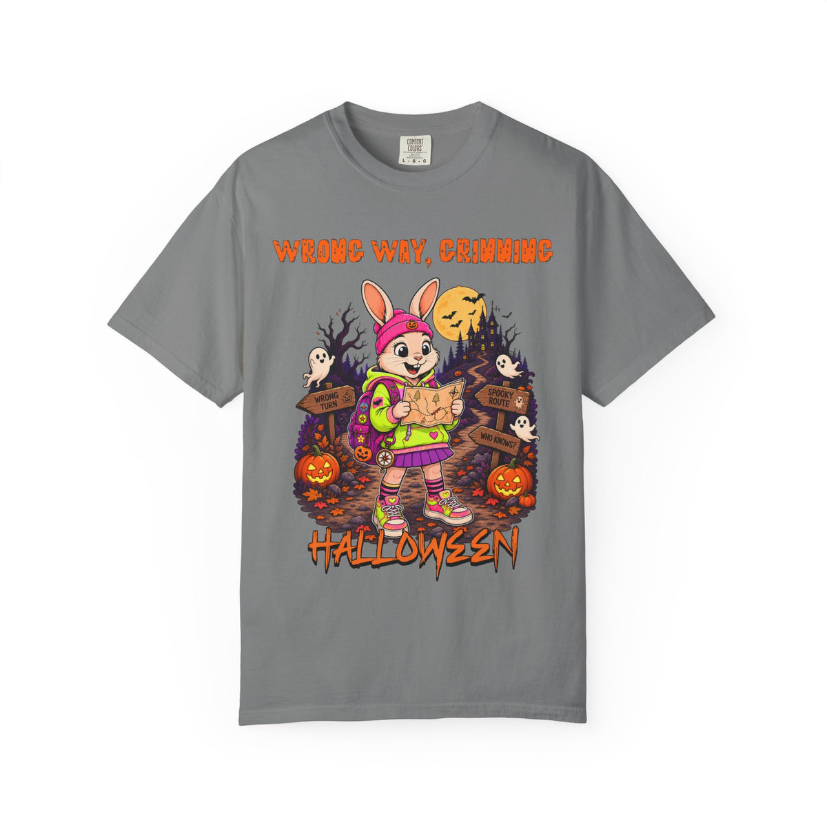 Wrong Way Crimming Halloween Bunny T-shirt | Cartoon Trick-or-Treat Scene
