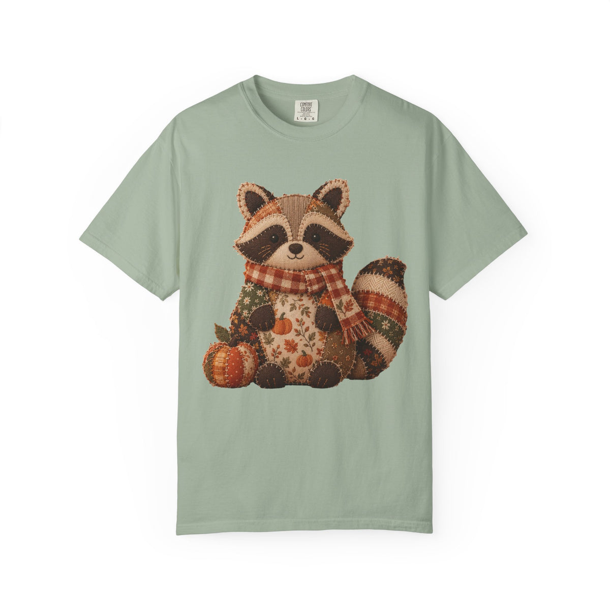Faux Patchwork Fall Raccoon Sweatshirt, Comfort Colors Autumn Thanksgiving Shirt, Women Crewneck Shirt, Pumpkin Scarf Raccoon Not Embroidery