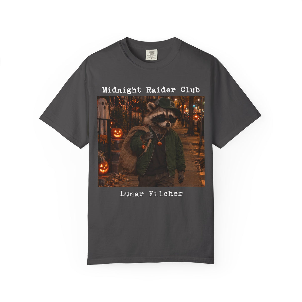 Midnight Raider Club Lunar Pilcher T-shirt | Halloween Raccoon Night Scene