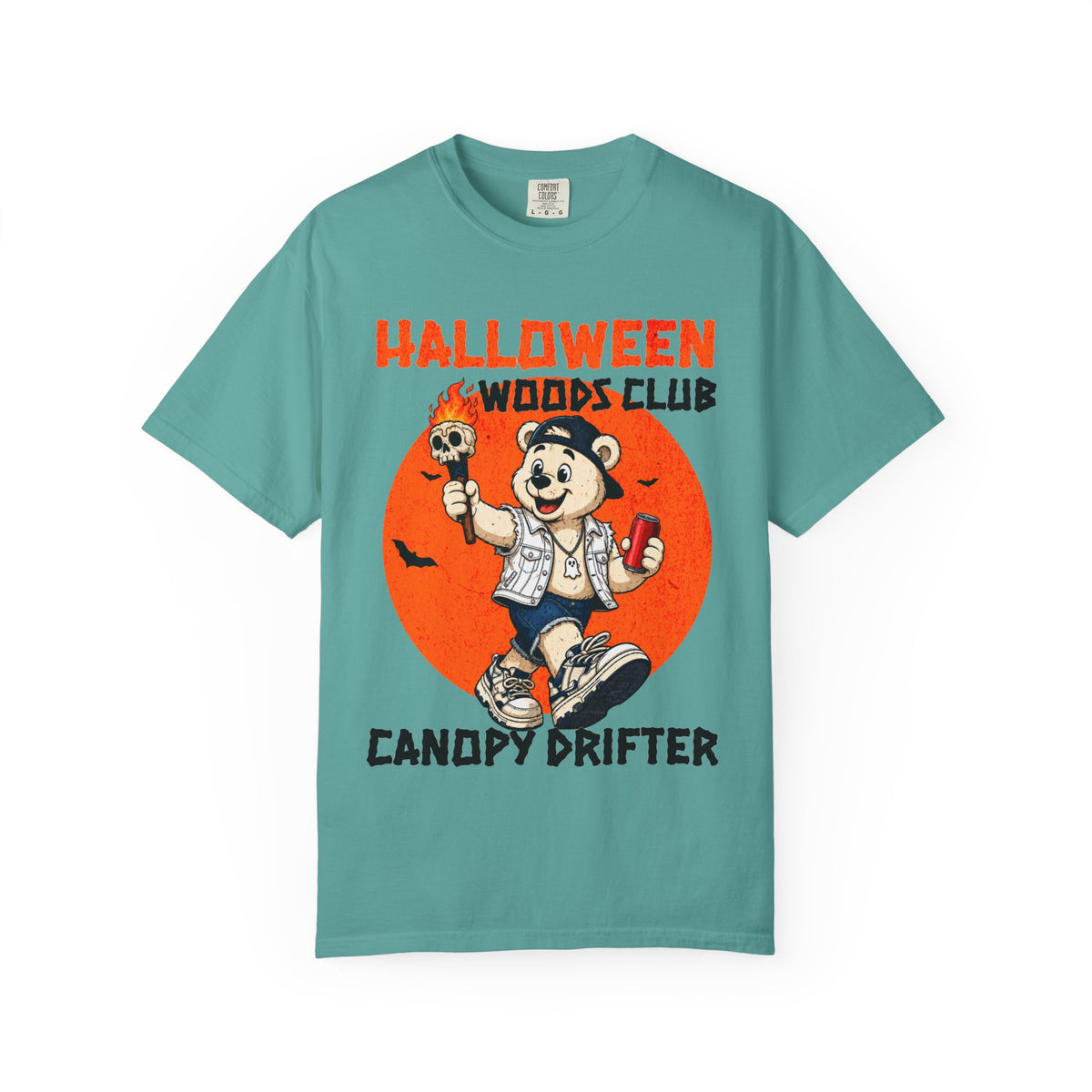 Halloween Woods Club Canopy Drifter T-Shirt | Retro Bear Trick-or-Treat Design