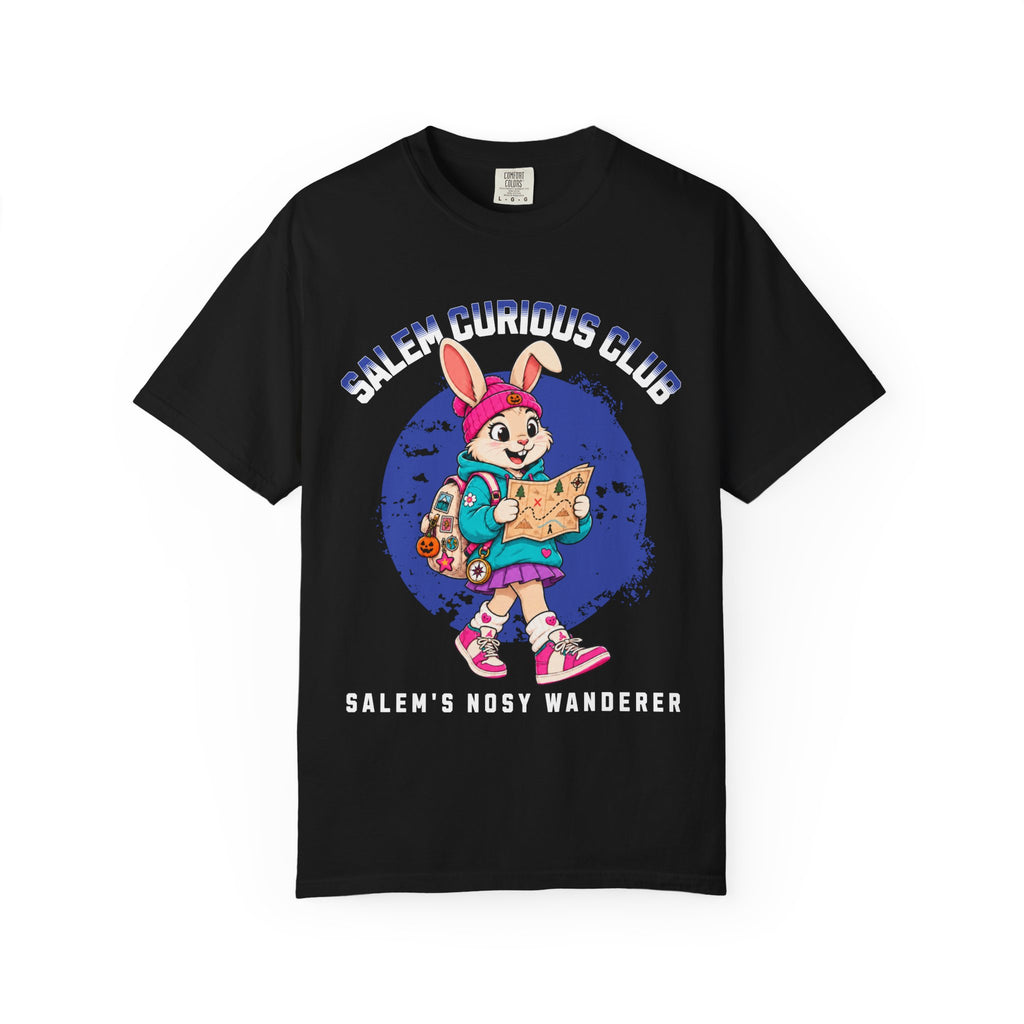 Salem Curious Club Bunny Explorer T-Shirt | Map, Backpack, Retro Cartoon