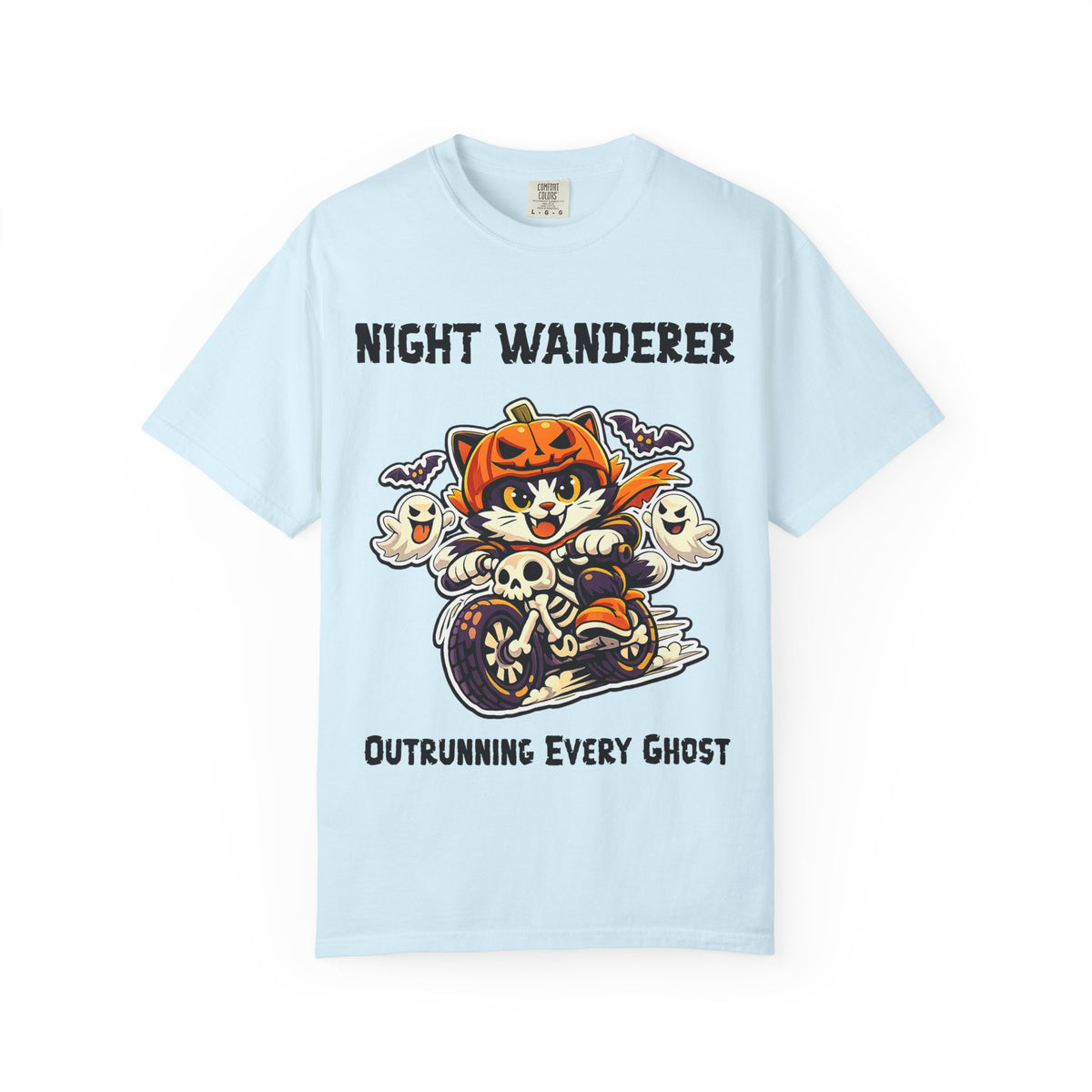 Comfort Color Outrunning Every Ghost Halloween T-Shirt | Cat on Motorcycle Shirt | Halloween Pumpkin Ghosts t-shirt | Night Wanderer Club