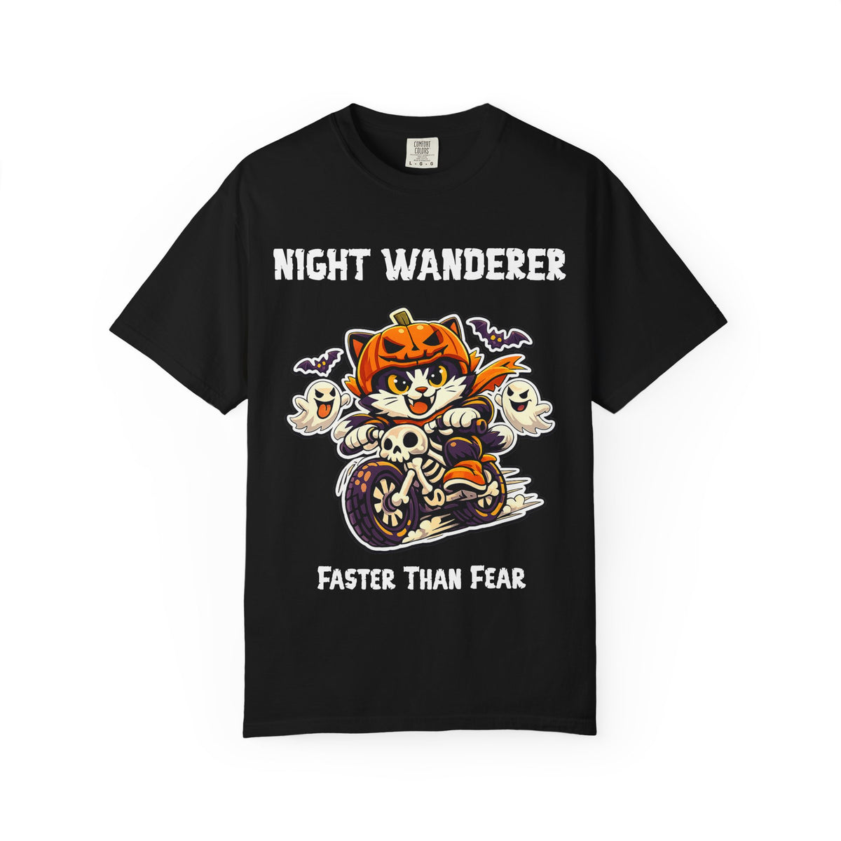 Comfort Color Faster Than Fear Halloween T-Shirt | Cat on Motorcycle Shirt | Halloween Pumpkin Ghosts t-shirt | Night Wanderer Club