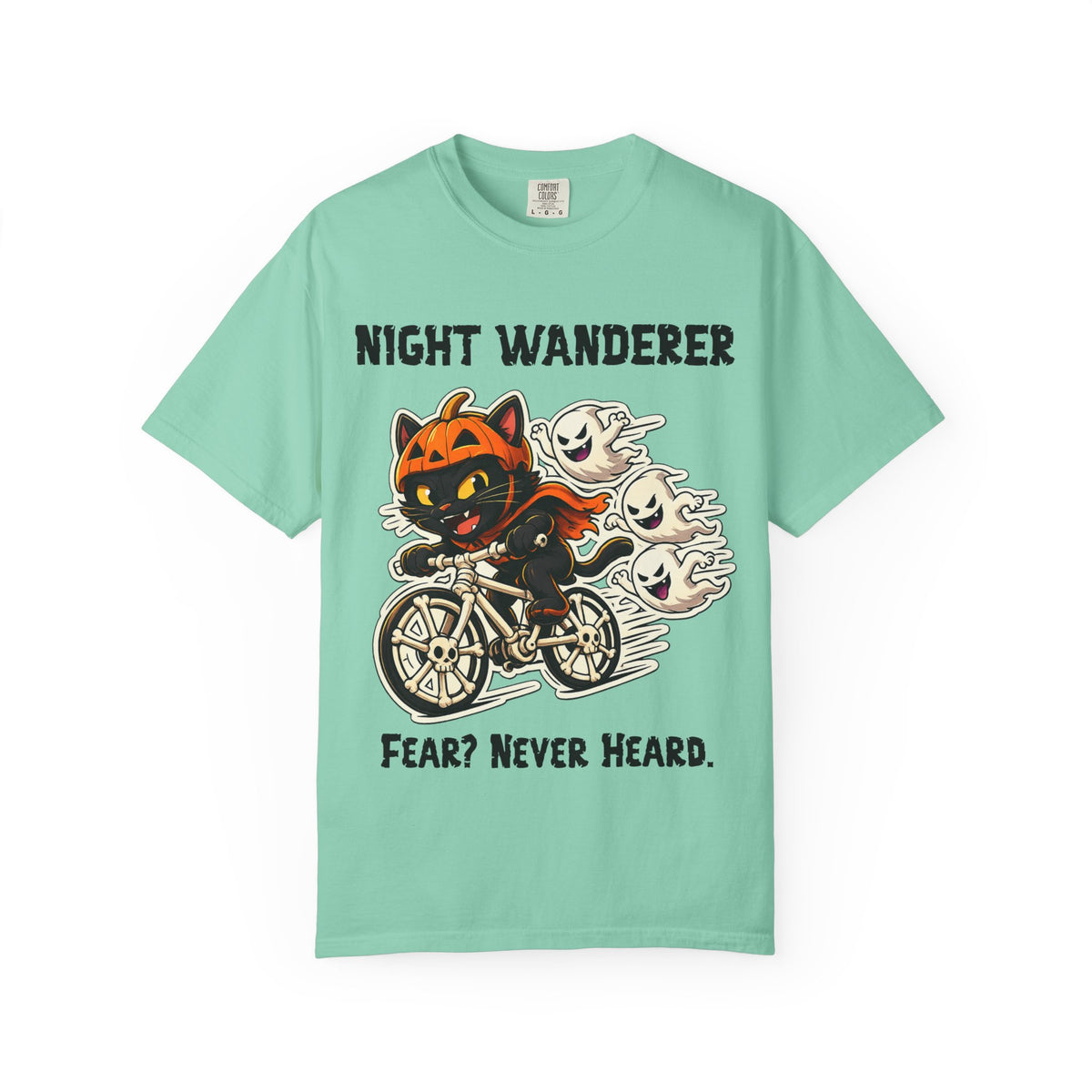 Comfort Color Fear Never Heard Halloween T-Shirt | Cat on Bike Shirt | Halloween Pumpkin Ghosts t-shirt | Night Wanderer Club
