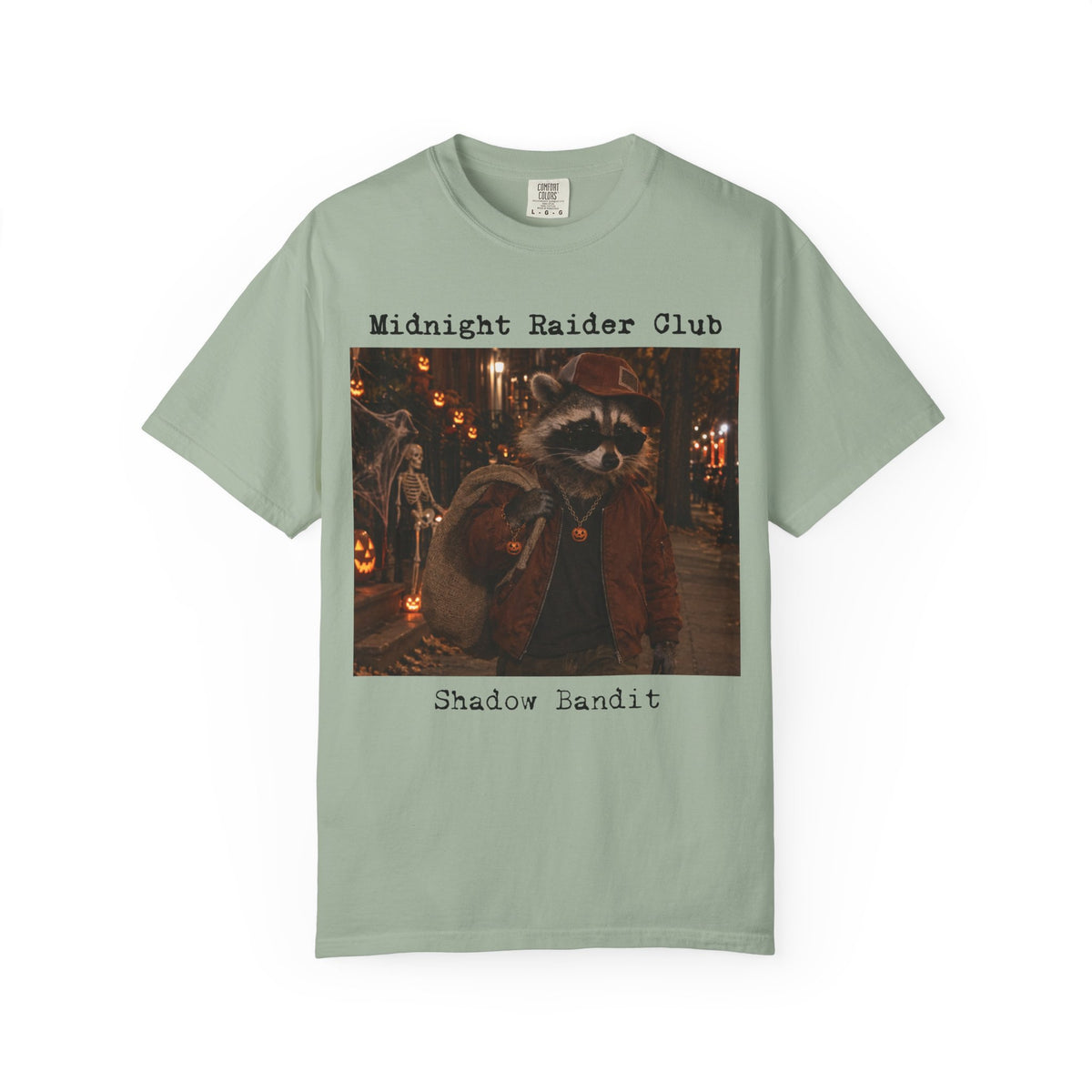 Midnight Raider Club Shadow Bandit raccoon T-Shirt | Halloween street scene