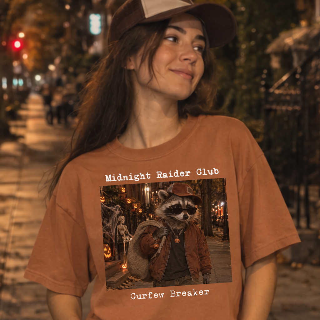 Midnight Raider Club Curfew Breaker T-shirt | Raccoon Costume Night Scene