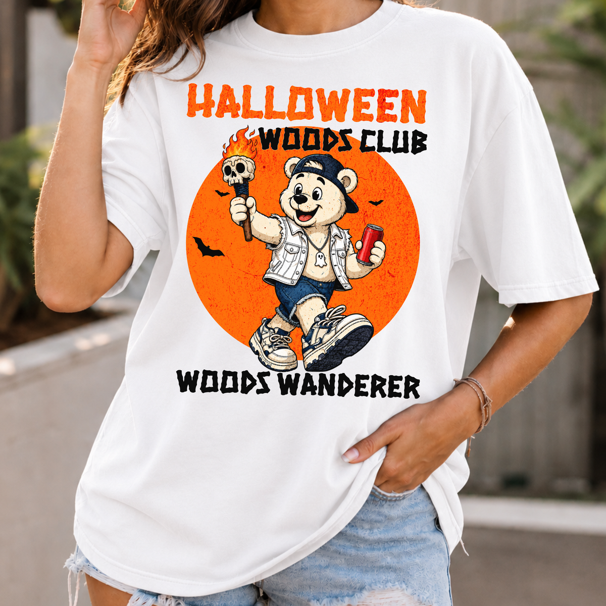 Woods Wanderer Lantern mascot tee T-Shirt | Halloween vintage camp, pumpkin moon