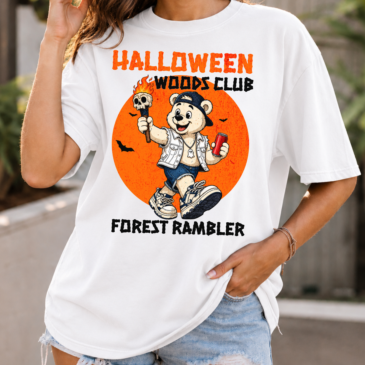 Halloween Woods Club Forest Rambler T-Shirt | Spooky Vintage Bear Design