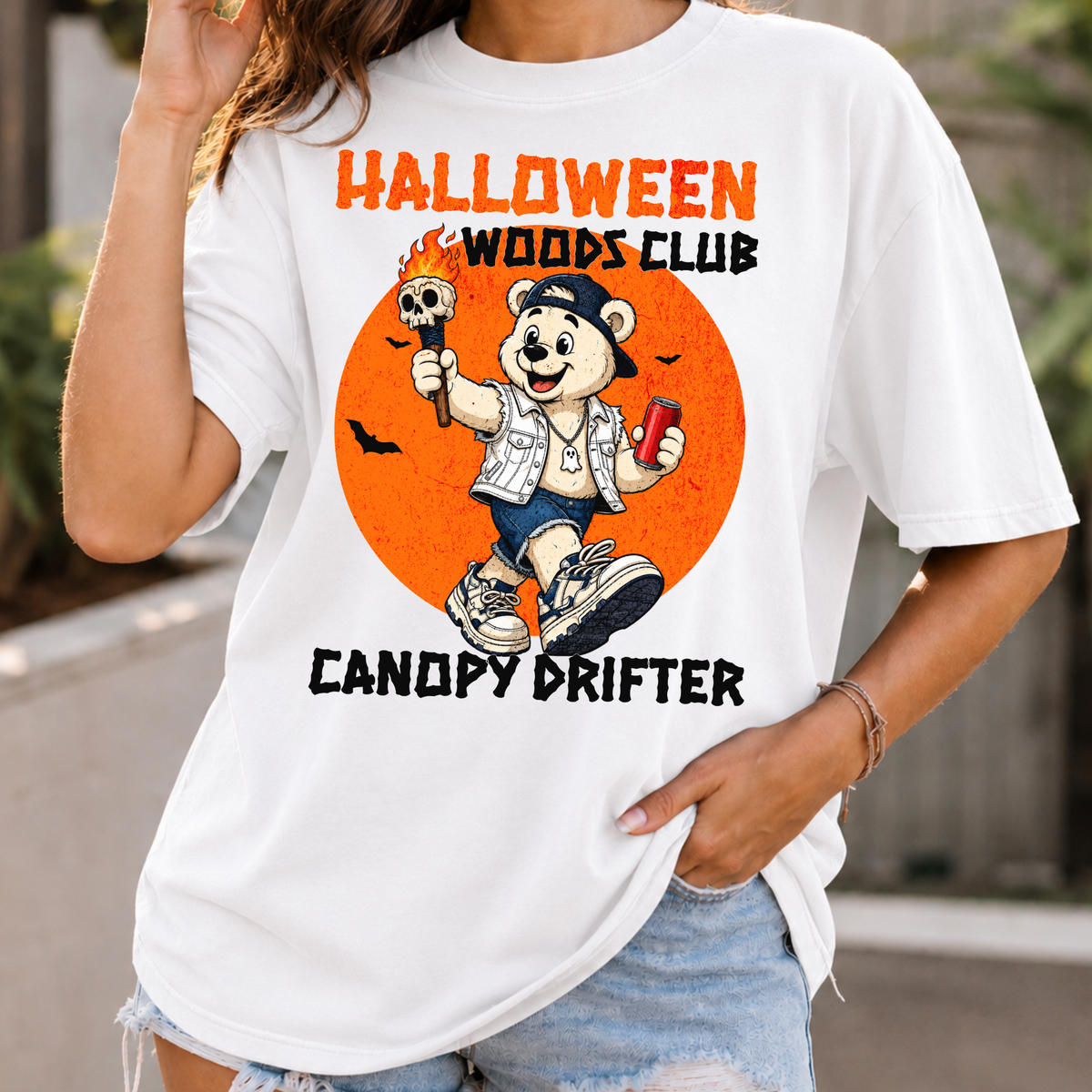Halloween Woods Club Canopy Drifter T-Shirt | Retro Bear Trick-or-Treat Design