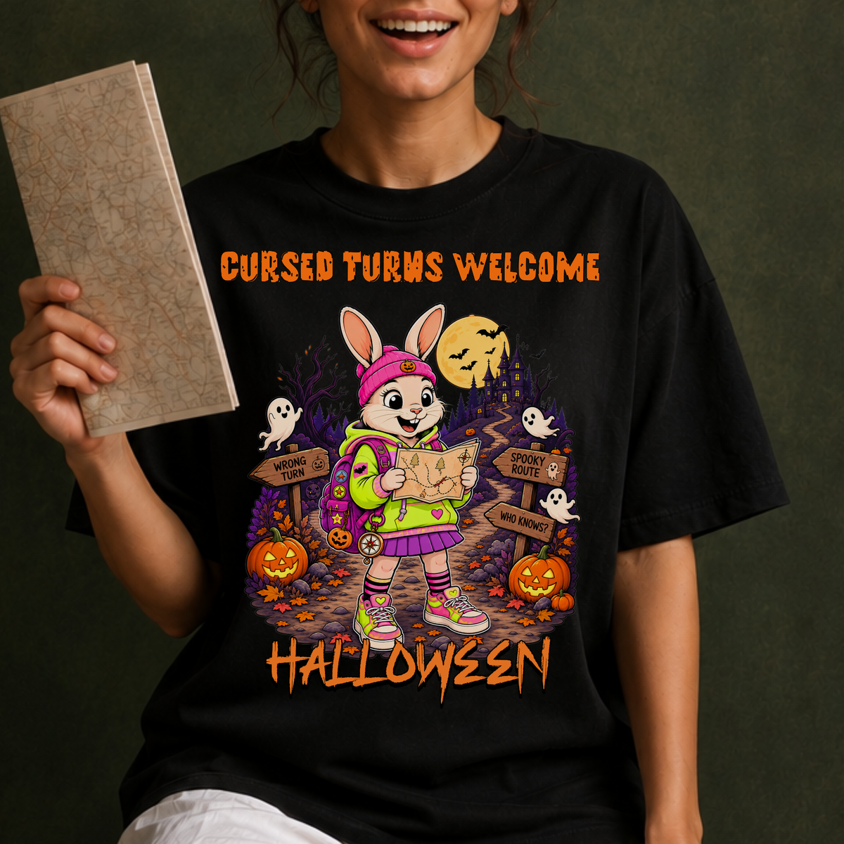 Cursed Turns Welcome Halloween bunny character T-shirt | spooky pumpkins haunted signs