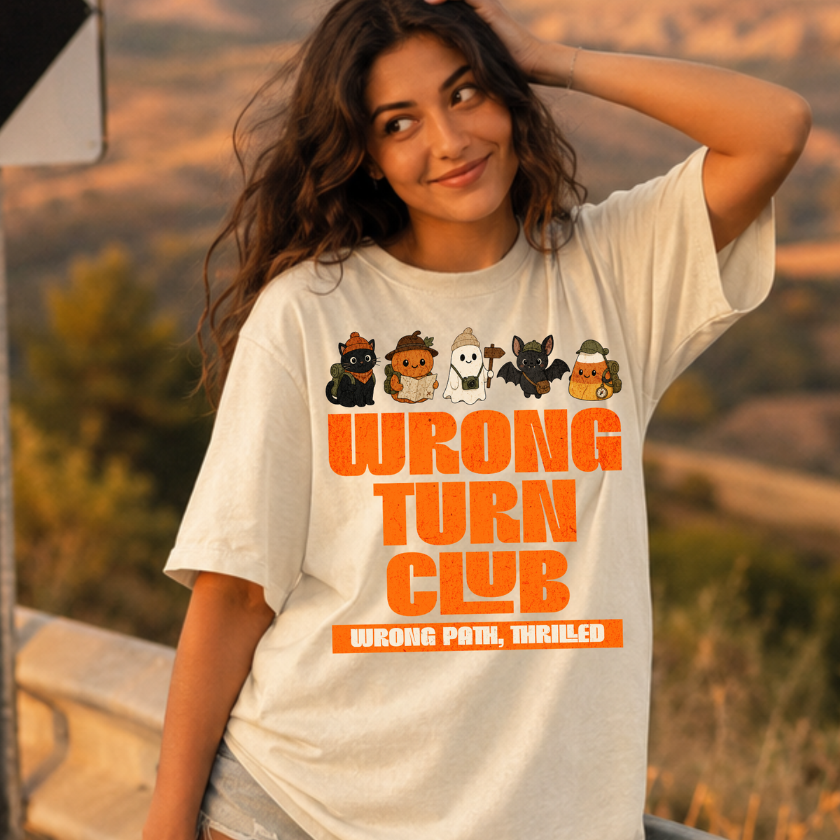 Wrong Turn Club graphic T-shirt | cute Halloween monsters, orange retro type