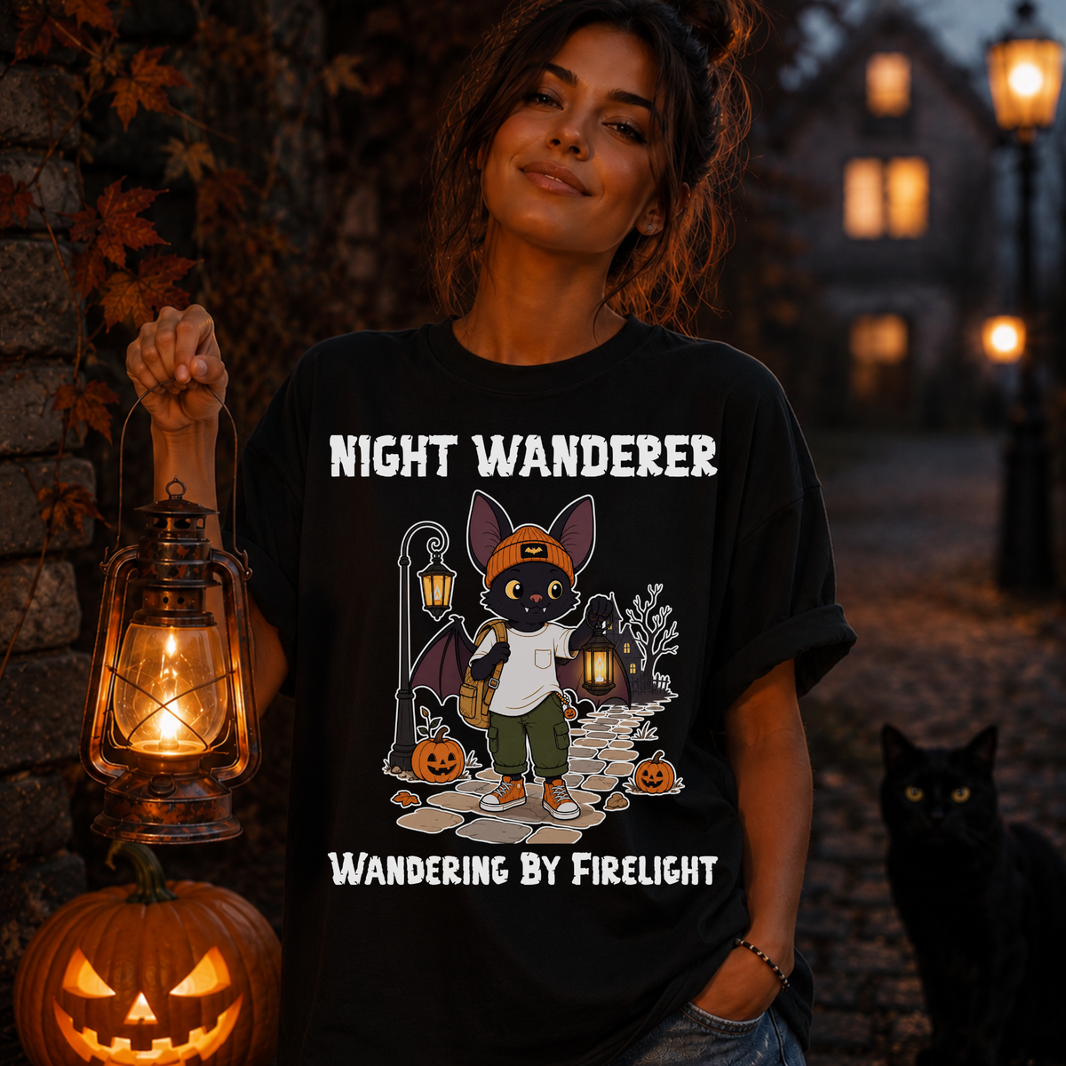 Comfort Color Wandering by Firelight Halloween T-Shirt | Bat Illustration T-Shirt | Spooky season shirt | Night Wanderer Club