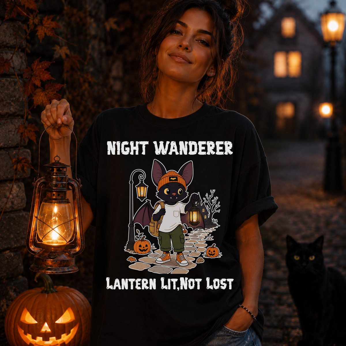 Comfort Color Lantern Lit Not Lost Halloween T-Shirt | Bat Illustration T-Shirt | Spooky season shirt | Night Wanderer Club
