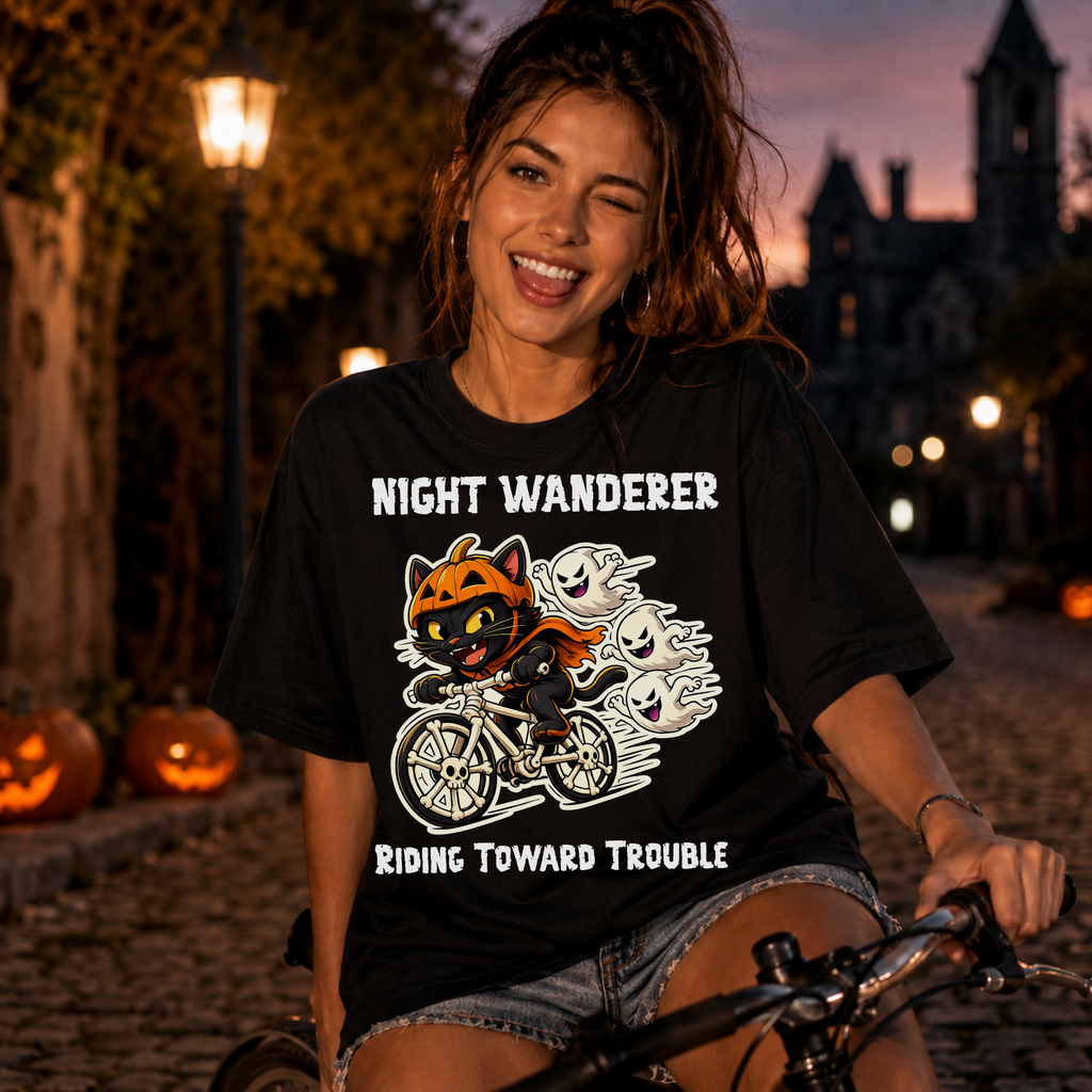Comfort Color Riding Toward Trouble Halloween T-Shirt | Cat on Bike Shirt | Halloween Pumpkin Ghosts t-shirt | Night Wanderer Club