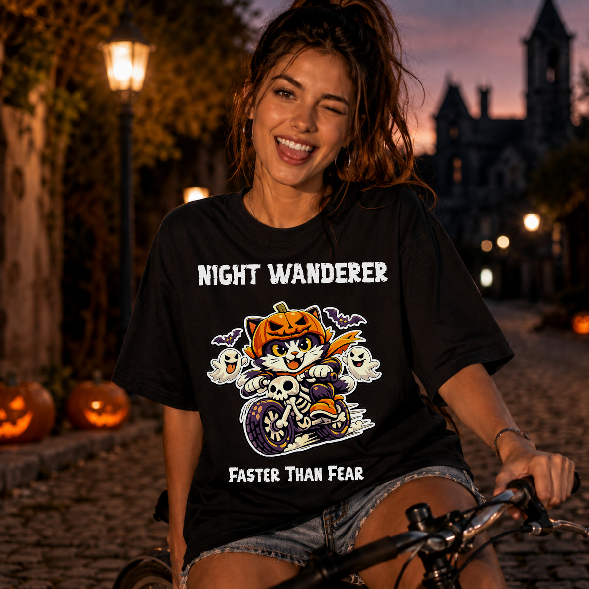 Comfort Color Faster Than Fear Halloween T-Shirt | Cat on Motorcycle Shirt | Halloween Pumpkin Ghosts t-shirt | Night Wanderer Club