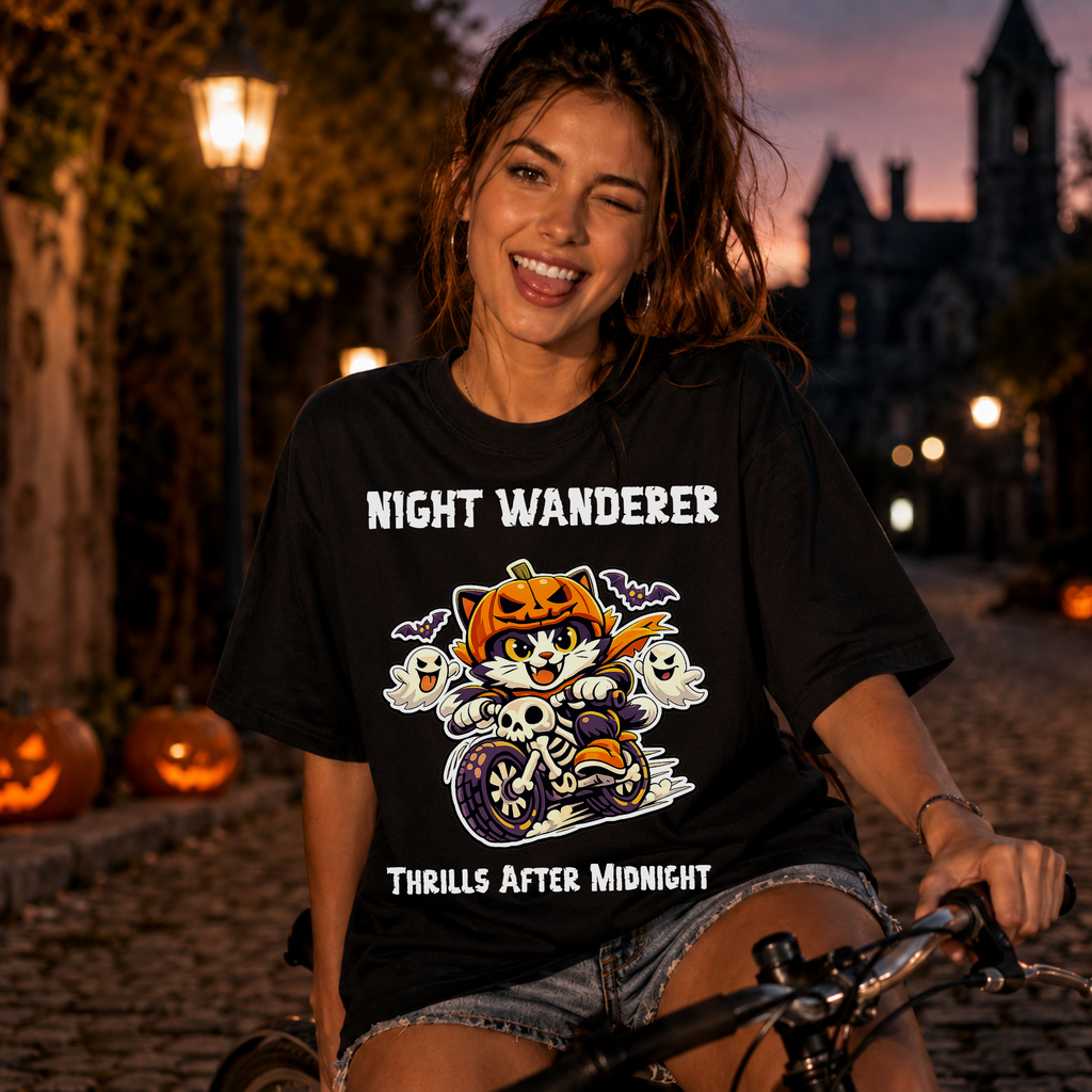 Thrills After Midnight Halloween T-Shirt | Cat on Motorcycle Shirt | Halloween Pumpkin Ghosts t-shirt | Night Wanderer Club