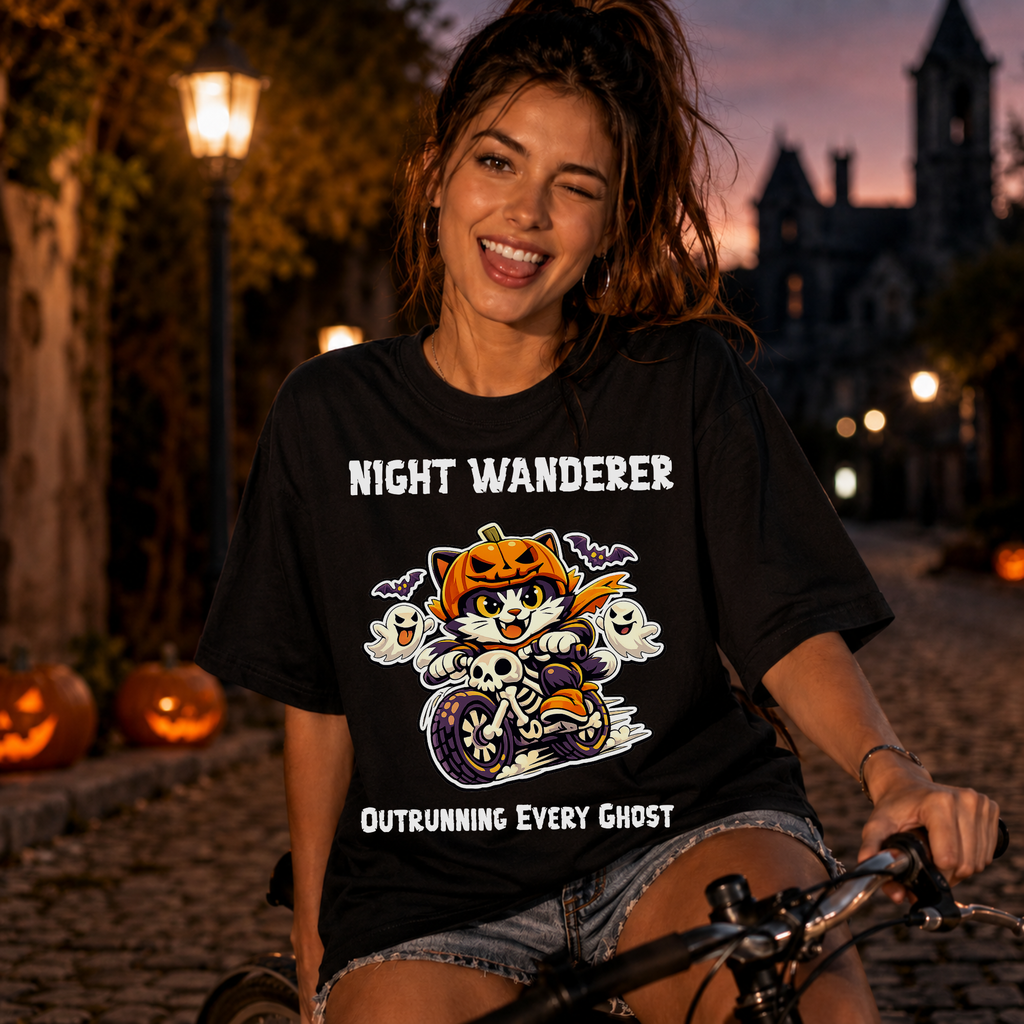 Comfort Color Outrunning Every Ghost Halloween T-Shirt | Cat on Motorcycle Shirt | Halloween Pumpkin Ghosts t-shirt | Night Wanderer Club