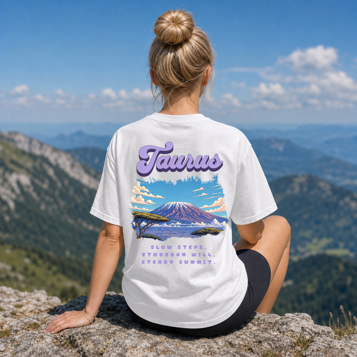 Taurus Mountain Landscape Back Design T-shirt | Zodiac Typography