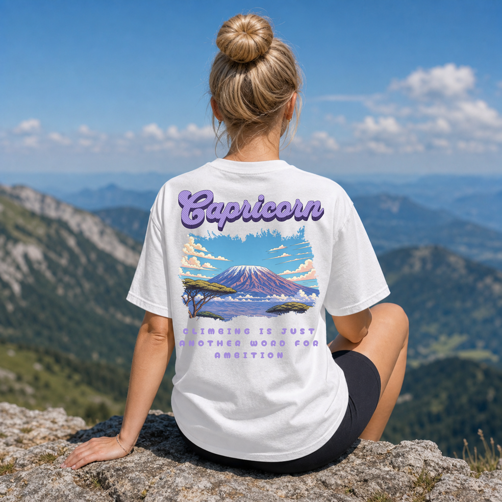Capricorn Mountain Scene Back Design T-shirt | Zodiac Capricorn Shirt, Ambition Quote