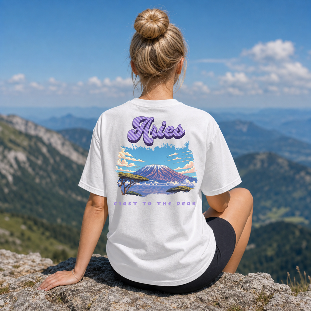 Aries mountain scene Back design T-shirt | Close to the Peak zodiac tee
