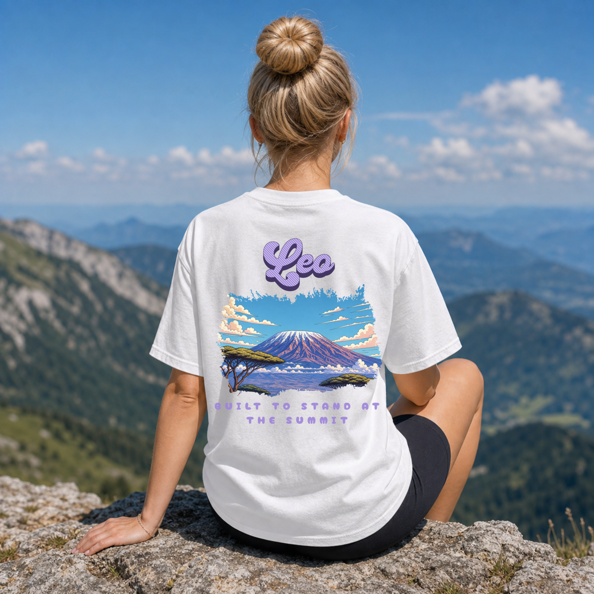 Leo Mountain Scene Back Design T-Shirt | "Built to Stand at the Summit"