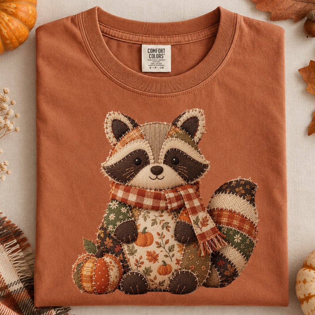Faux Patchwork Fall Raccoon Sweatshirt, Comfort Colors Autumn Thanksgiving Shirt, Women Crewneck Shirt, Pumpkin Scarf Raccoon Not Embroidery