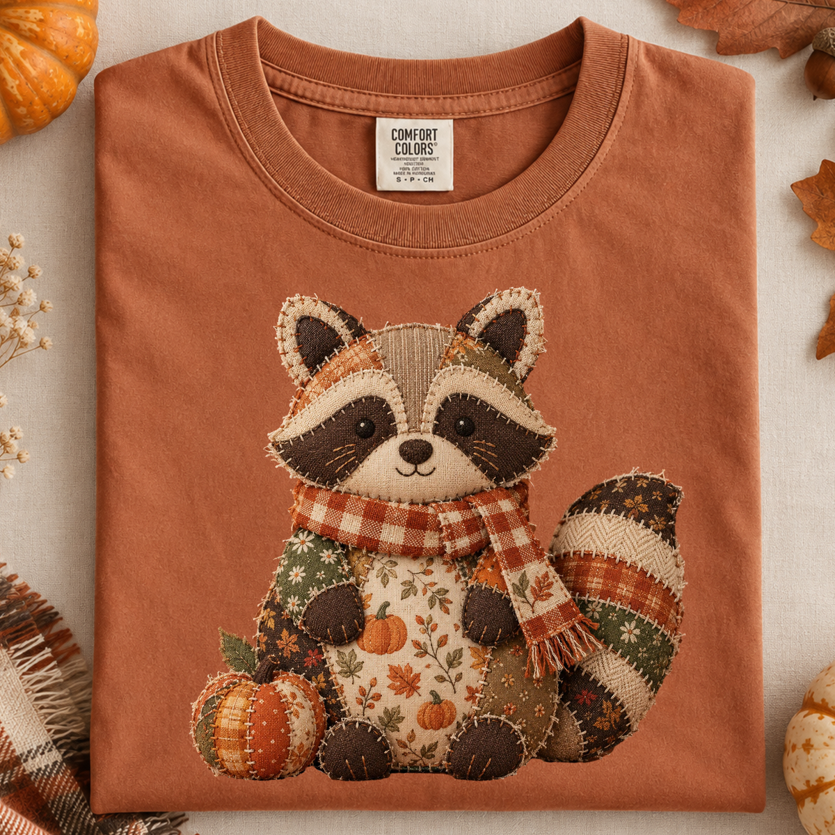 Faux Patchwork Fall Raccoon Sweatshirt, Comfort Colors Autumn Thanksgiving Shirt, Women Crewneck Shirt, Pumpkin Scarf Raccoon Not Embroidery