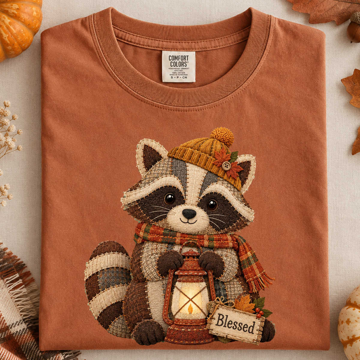 Faux Patchwork Fall Raccoon Sweatshirt, Comfort Colors Thanksgiving Shirt, Women Crewneck Shirt, Pumpkin Lantern Raccoon Not Embroidery