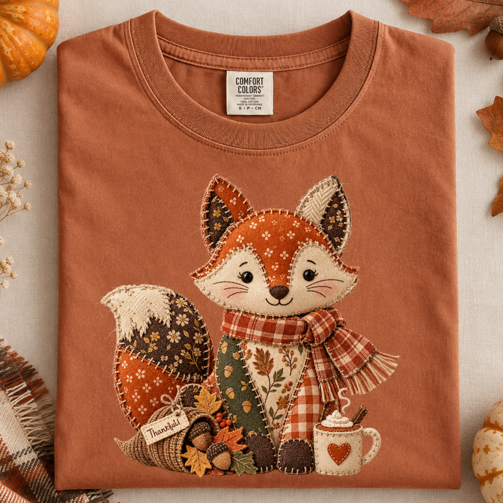 Faux Patchwork Fall Fox Sweatshirt, Comfort Colors Autumn Thanksgiving Shirt, Women Crewneck Sweater, Pumpkin Scarf Fox Not Embroidery