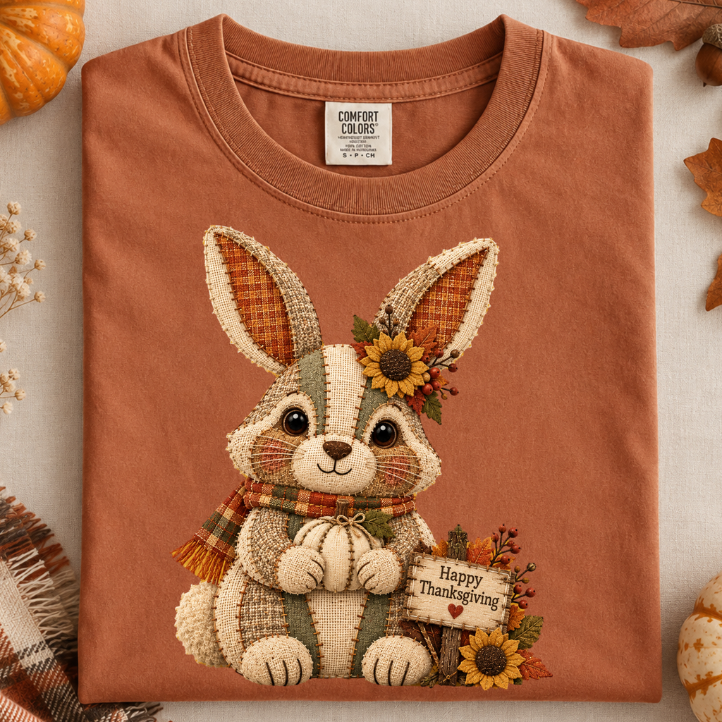 Faux Patchwork Fall Bunny Sweatshirt, Comfort Colors Autumn Thanksgiving Shirt, Women Crewneck Shirt, Pumpkin Sunflower Bunny Not Embroidery