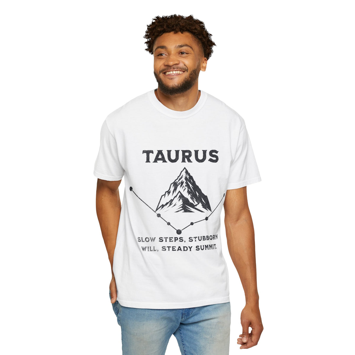 Taurus Mountain Illustration T-shirt | Zodiac Constellation, Steady Summit Quote