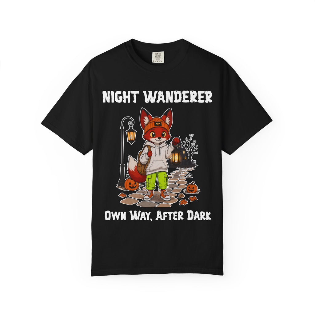 Night Wanderer Fox Illustration T-Shirt | Halloween Night Street Scene