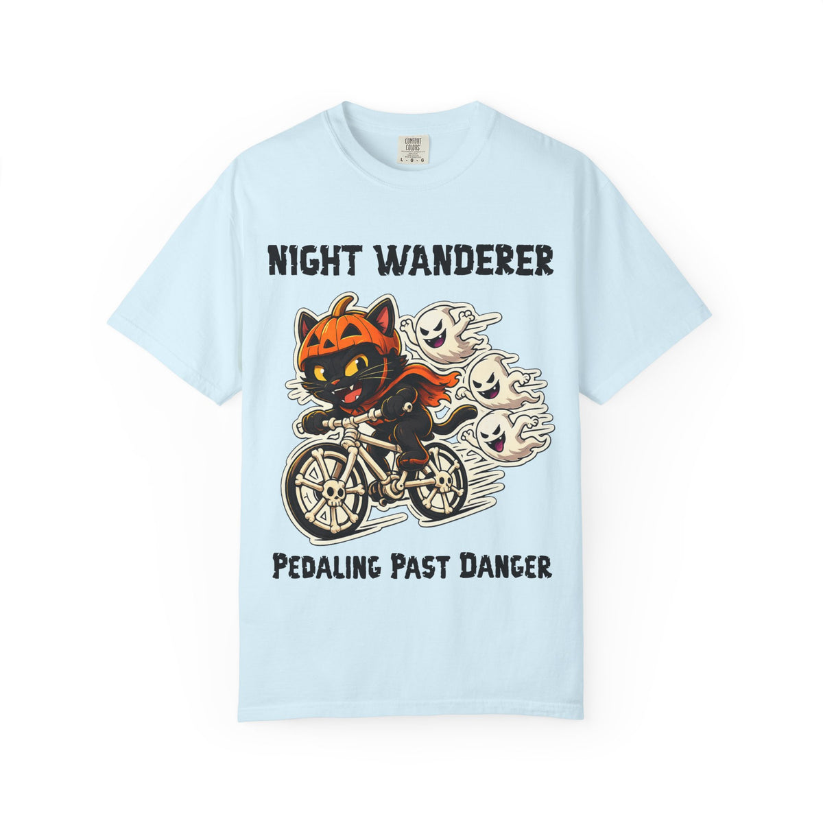 Pedaling Past Danger Halloween T-Shirt | Cat on Bike Shirt | Halloween Pumpkin Ghosts t-shirt | Night Wanderer Club