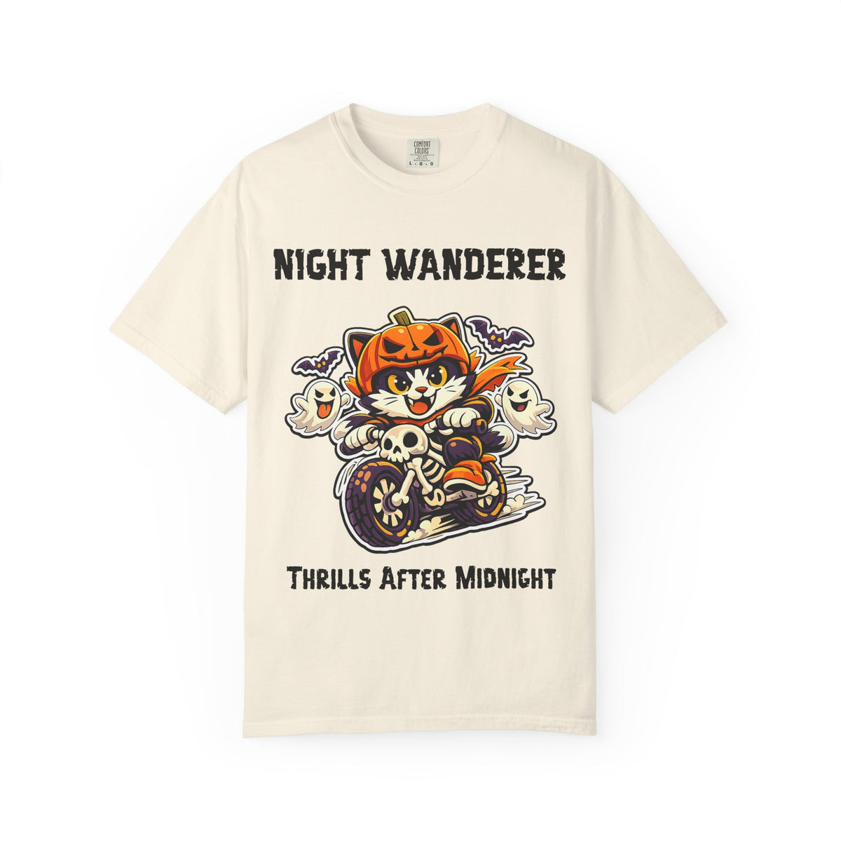 Thrills After Midnight Halloween T-Shirt | Cat on Motorcycle Shirt | Halloween Pumpkin Ghosts t-shirt | Night Wanderer Club