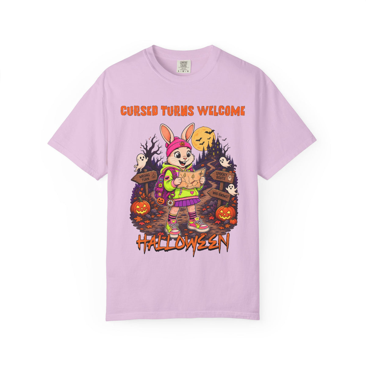Cursed Turns Welcome Halloween bunny character T-shirt | spooky pumpkins haunted signs