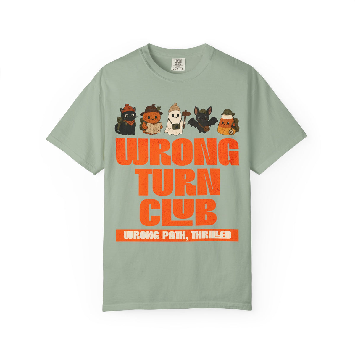 Wrong Turn Club graphic T-shirt | cute Halloween monsters, orange retro type