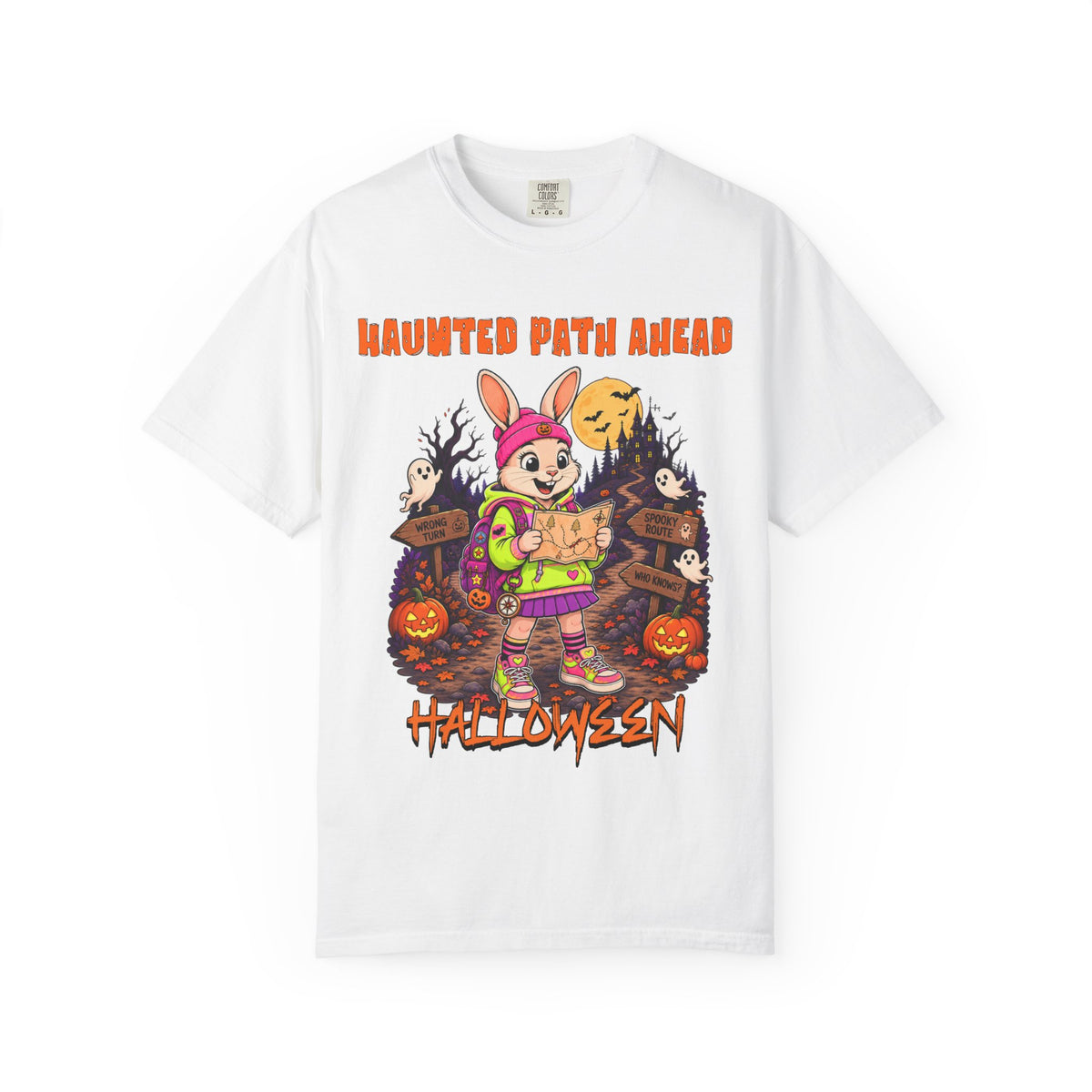 Haunted Path Ahead Halloween Bunny T-shirt | Spooky Pumpkin Night