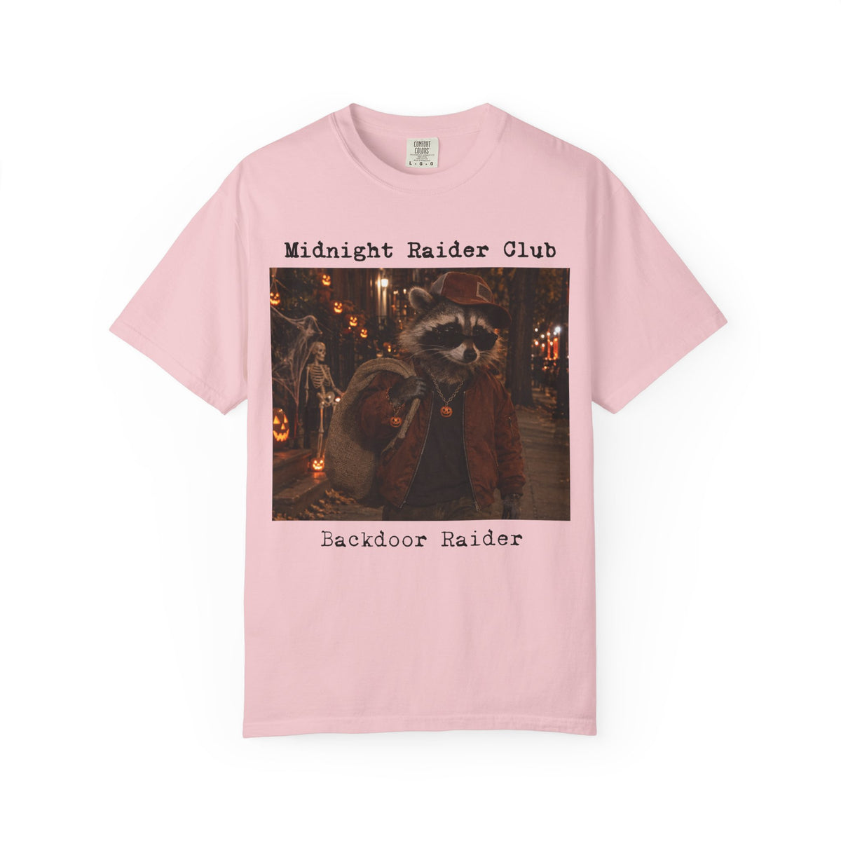 Midnight Raider Club Backdoor Raider T-shirt | Raccoon Halloween Street Scene