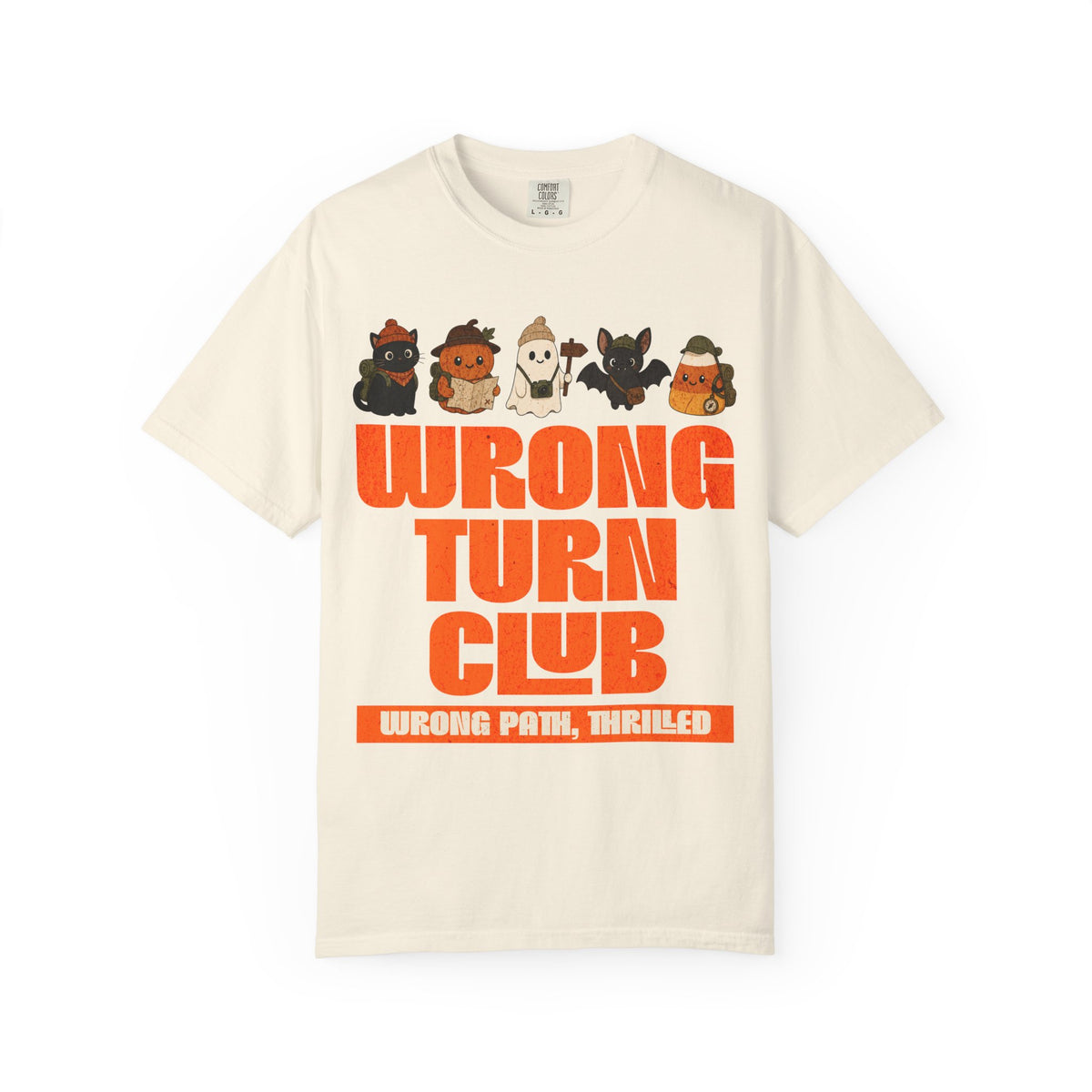 Wrong Turn Club graphic T-shirt | cute Halloween monsters, orange retro type