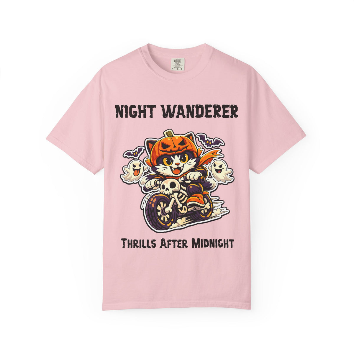 Thrills After Midnight Halloween T-Shirt | Cat on Motorcycle Shirt | Halloween Pumpkin Ghosts t-shirt | Night Wanderer Club