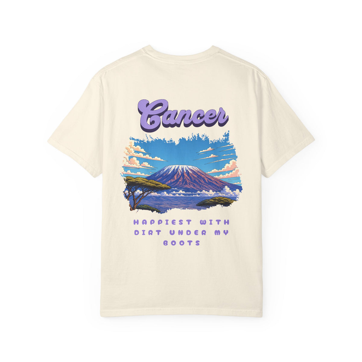 Cancer Zodiac Mountain Scene Back Design T-Shirt | Happiest With Dirt Under My Boots
