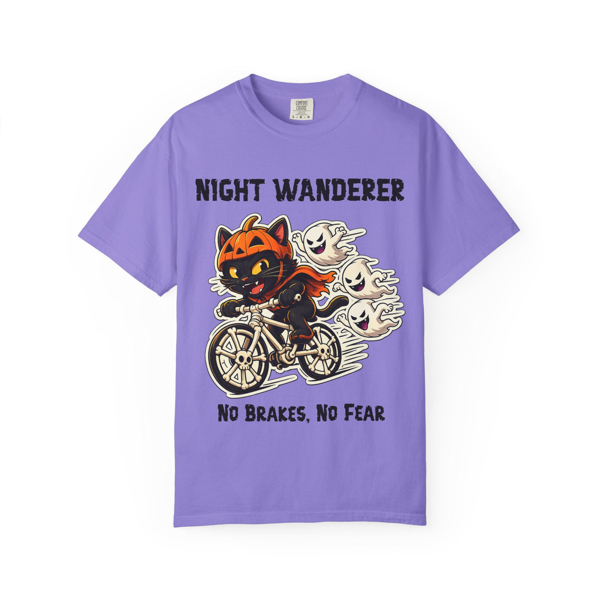 No Brakes No Fear Halloween T-Shirt | Cat on Bike Shirt | Halloween Pumpkin Ghosts t-shirt | Night Wanderer Club