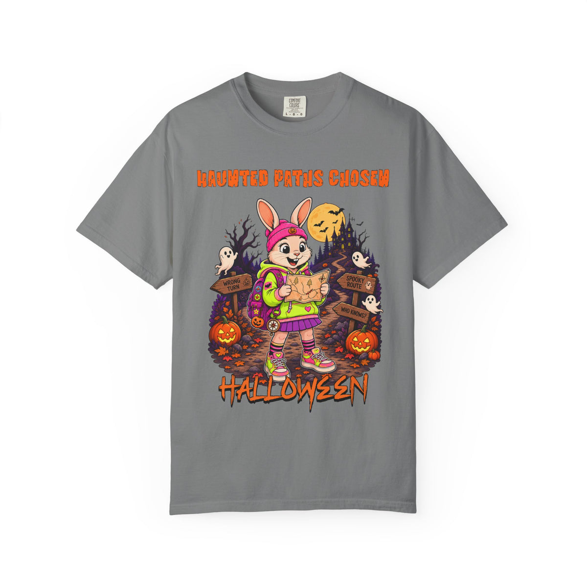 Haunted Paths Chosen bunny trick-or-treater Halloween T-shirt | pumpkin graveyard spooky design