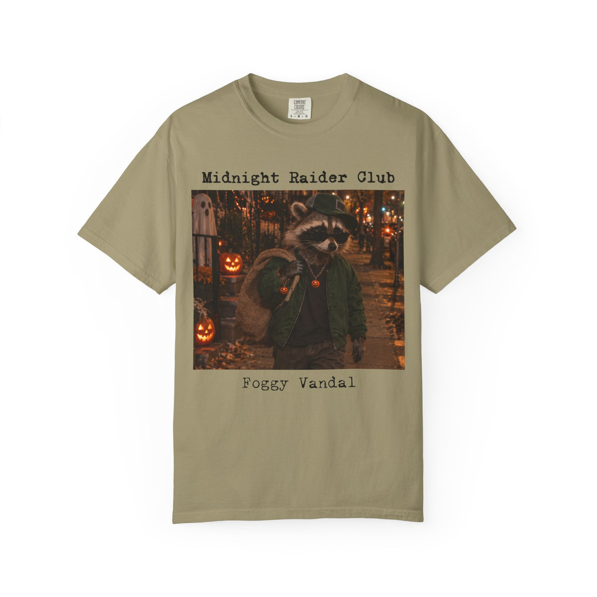 Midnight Raider Club Foggy Vandal raccoon T-Shirt | Halloween street scene