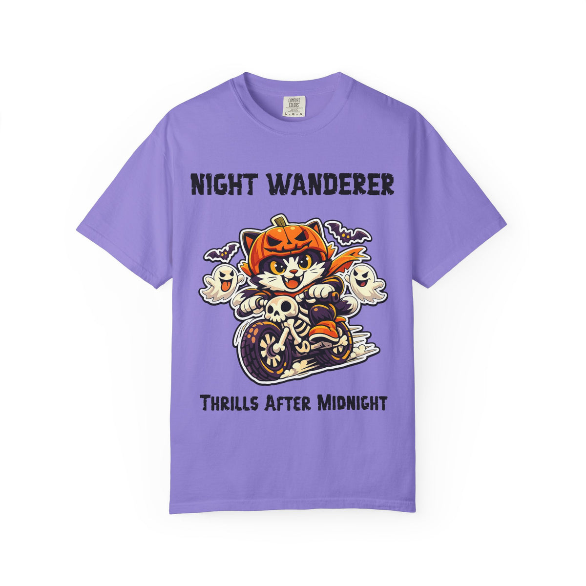 Thrills After Midnight Halloween T-Shirt | Cat on Motorcycle Shirt | Halloween Pumpkin Ghosts t-shirt | Night Wanderer Club